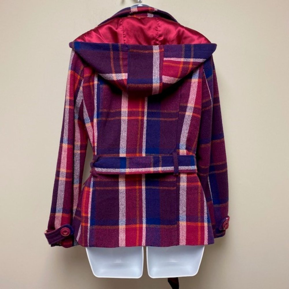 DEB Vintage 80's Trench Style Pea Coat Wool Blend Plaid Hood, size Small - Picture 7 of 15